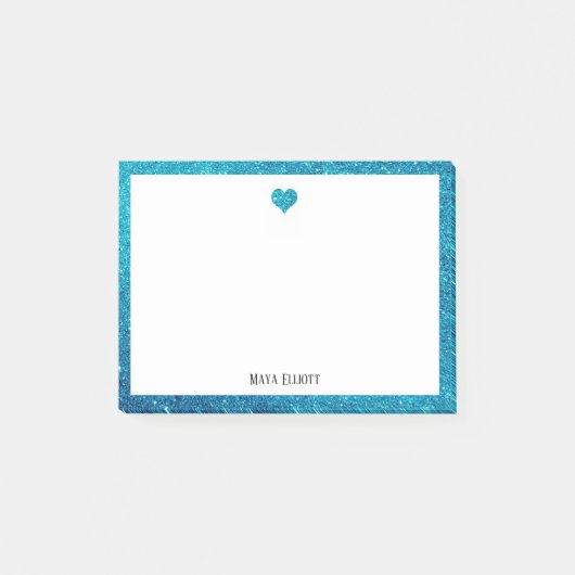白色(ティール（緑がかった色）グリッターハート縁ど付き、名称つき) ポストイット (正面)