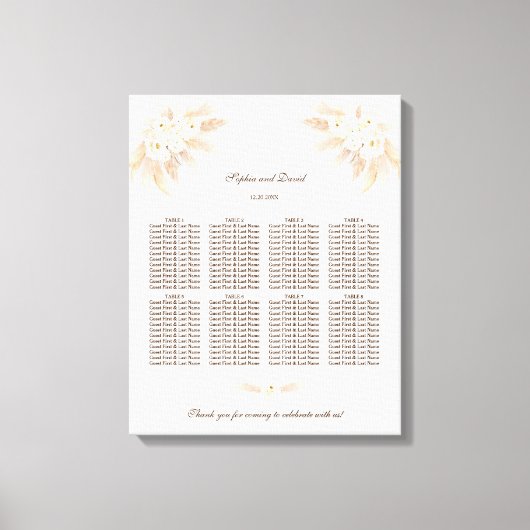 白花パンパスグラス結婚のシーティングチャート キャンバスプリント (正面)