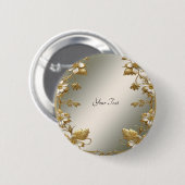 白花模様のゴールド装飾ボタン 缶バッジ (正面&裏面)