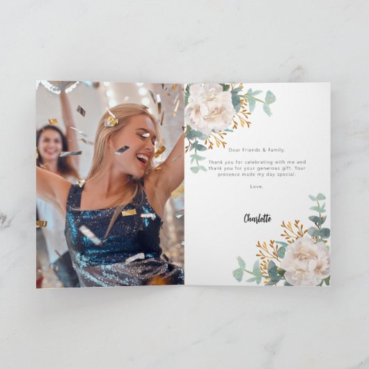 白花模様ユーカリの緑の写真誕生日 サンキューカード (内部)