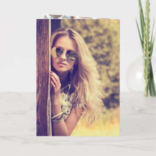 白花模様ユーカリの緑の写真誕生日 サンキューカード (裏面)