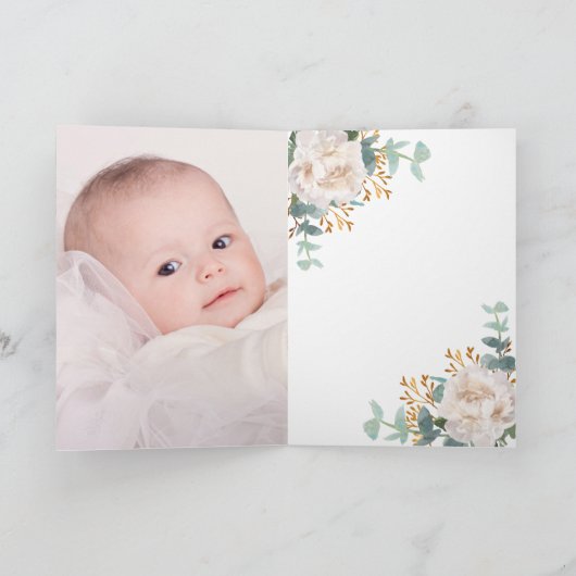 白花模様ユーカリ十字写真バプテスマ サンキューカード (内部)