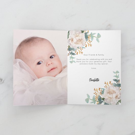 白花模様ユーカリ十字写真バプテスマ サンキューカード (内部)