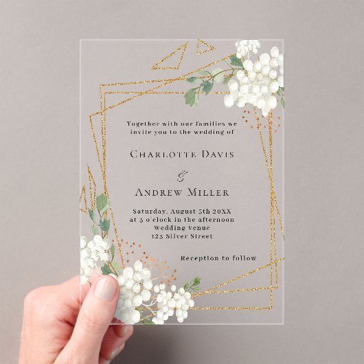 白花模様金ゴールドのジオメト澄んリ結婚フレーム アクリル招待状 (インサイチュ (ポータブル))