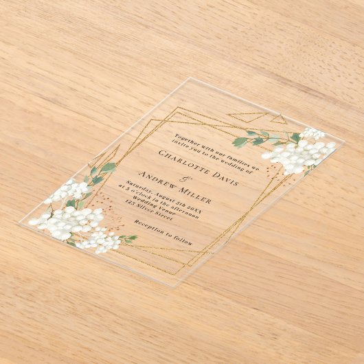 白花模様金ゴールドのジオメト澄んリ結婚フレーム アクリル招待状 (レイダウン)