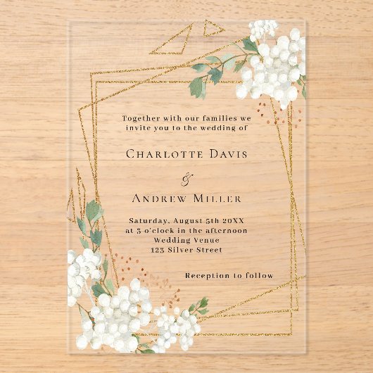 白花模様金ゴールドのジオメト澄んリ結婚フレーム アクリル招待状 (正面)