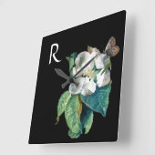 白花蝶、黒フローラ スクエア壁時計 (傾斜)