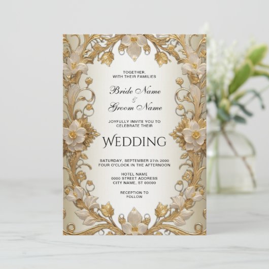 白花飾り金ゴールド結婚式招待状 招待状 (スタンド正面)