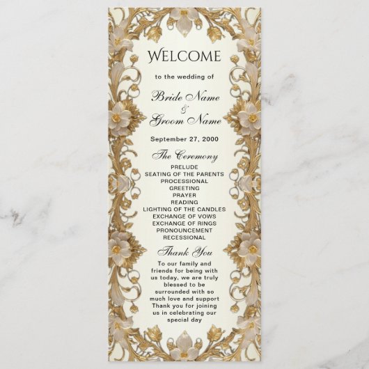 白花飾り金ゴールド結婚式 プログラム (正面)