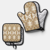 白花飾り金ゴールド 鍋つかみ&鍋敷きセット (正面/裏面)