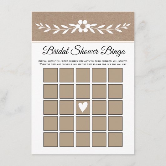 白花、素朴クラフト紙ブライダルビンゴカード エンクロージャーカード (正面)