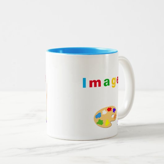 白芸術的数々の色の文字とアートアイコン ツートーンマグカップ (正面右)