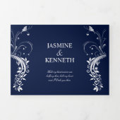 白華美いフローラがネービー・ブルーの渦を結婚巻く 三つ折り招待状 (カバー)