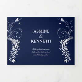 白華美いフローラがネービー・ブルーの渦を結婚巻く 三つ折り招待状