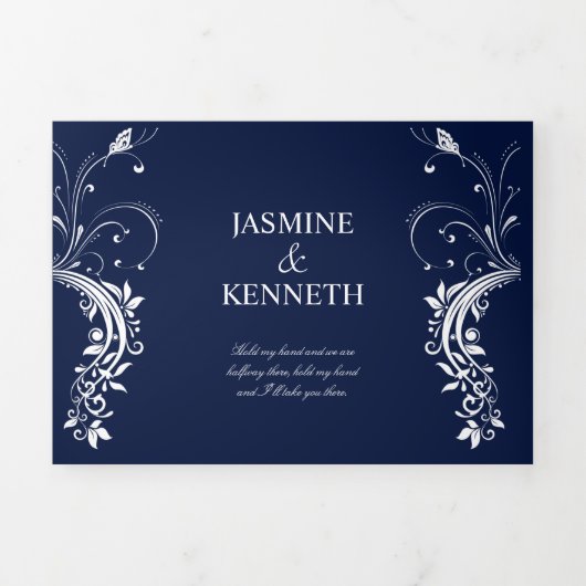 白華美いフローラがネービー・ブルーの渦を結婚巻く 三つ折り招待状 (カバー)