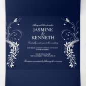 白華美いフローラがネービー・ブルーの渦を結婚巻く 三つ折り招待状 (内部中)