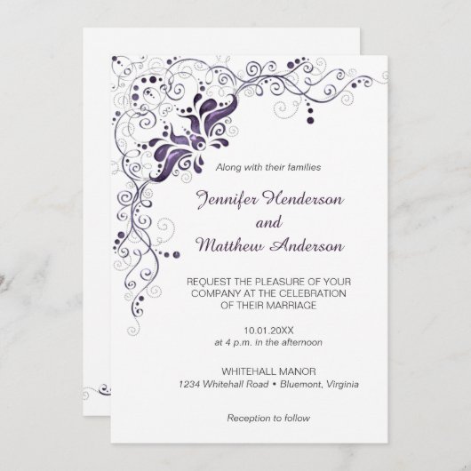 白華美結婚式招待状上の紫の渦巻き 招待状 (正面/裏面)