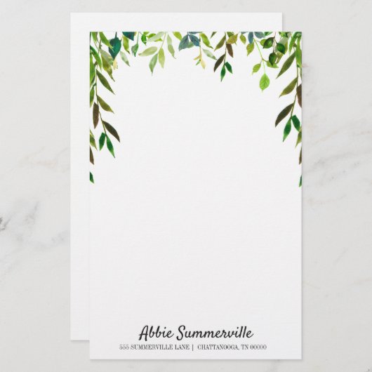白葉パーソナライズされた線なし緑の 便箋 (正面/裏面)