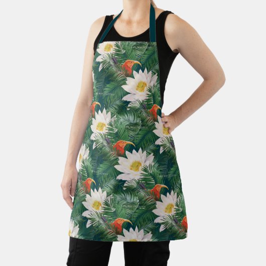 白蓮の熱帯鳥とハスの模様 エプロン (インサイチュ)