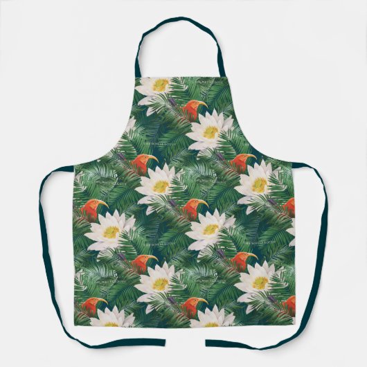 白蓮の熱帯鳥とハスの模様 エプロン (正面)