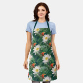 白蓮の熱帯鳥とハスの模様 エプロン (着用した状態)