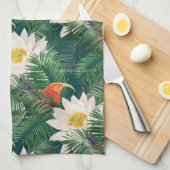 白蓮の熱帯鳥とハスの模様 キッチンタオル (四つ折り)