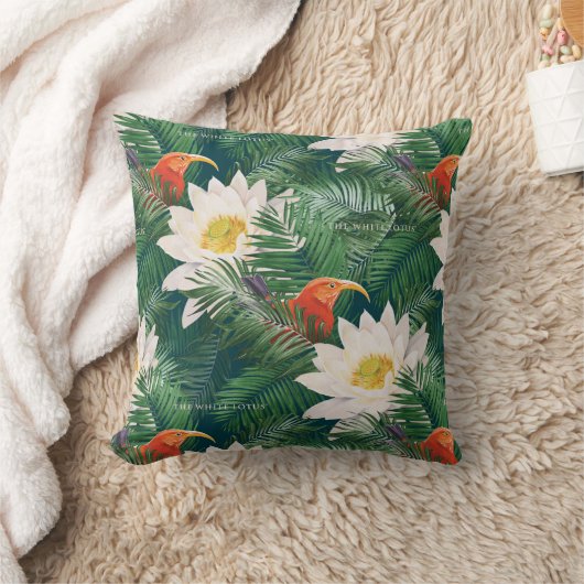 白蓮の熱帯鳥とハスの模様 クッション (ブランケット)