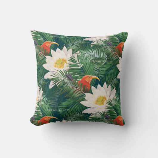 白蓮の熱帯鳥とハスの模様 クッション (正面)