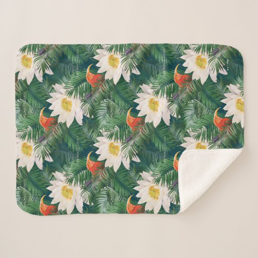 白蓮の熱帯鳥とハスの模様 シェルパブランケット (正面(横))