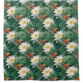 白蓮の熱帯鳥とハスの模様 シャワーカーテン (正面)