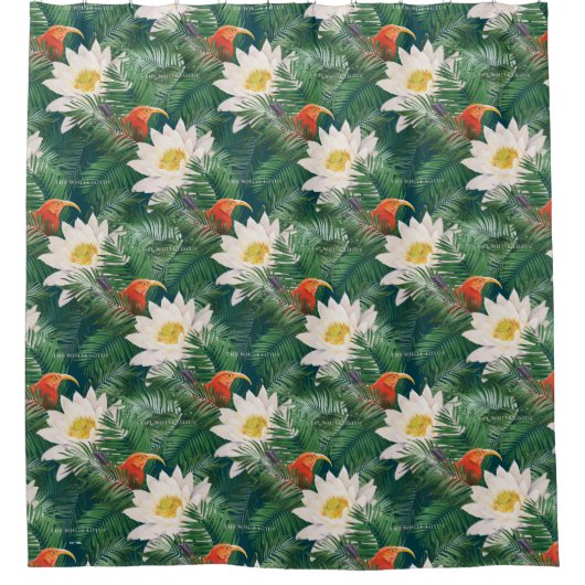 白蓮の熱帯鳥とハスの模様 シャワーカーテン (正面)