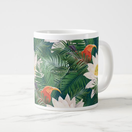 白蓮の熱帯鳥とハスの模様 ジャンボコーヒーマグカップ (正面右)