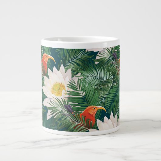 白蓮の熱帯鳥とハスの模様 ジャンボコーヒーマグカップ (正面)