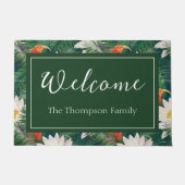 白蓮の熱帯鳥とハスの模様 ドアマット (正面)