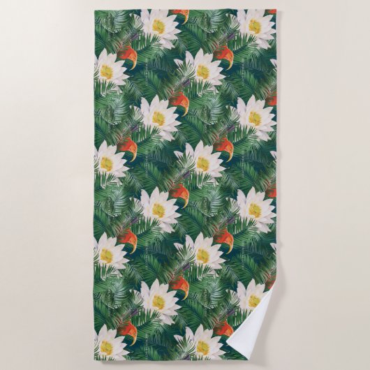 白蓮の熱帯鳥とハスの模様 ビーチタオル (正面)