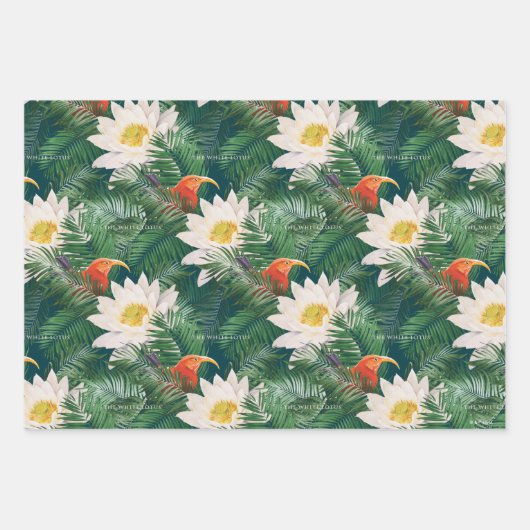 白蓮の熱帯鳥とハスの模様 ラッピングペーパーシート (正面3)