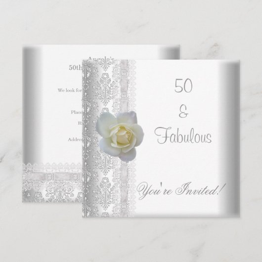 白薔薇の花 ファビュラス 50歳の誕生日パーティー 招待状 (正面/裏面)