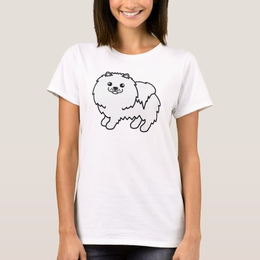 白衣の可愛いポメラニアンのキャラクターアート Tシャツ (正面)