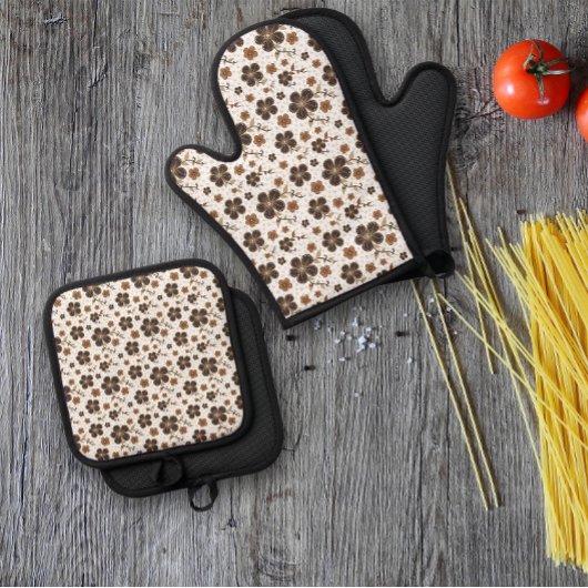 白褐色の天然花 鍋つかみ&鍋敷きセット