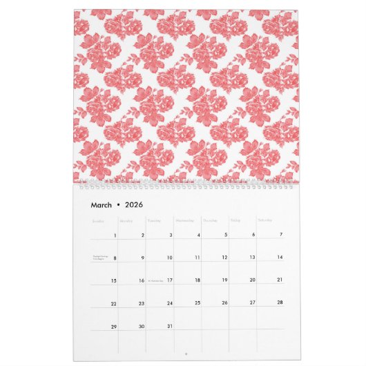 白赤と白い背景の花柄 カレンダー (3月 2026)