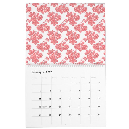白赤と白い背景の花柄 カレンダー (1月 2026)