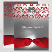 白赤リボン ダマスク 宝石 モノグラム 招待状 (正面/裏面)