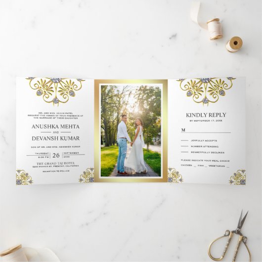 白金の伝統的なマンダラ インドの結婚式 三つ折り招待状 (内部)