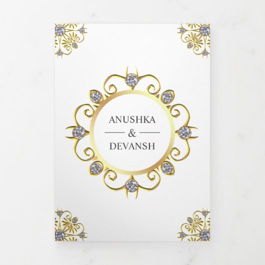 白金の伝統的なマンダラ インドの結婚式 三つ折り招待状 (カバー)
