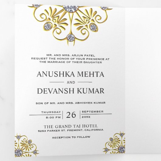白金の伝統的なマンダラ インドの結婚式 三つ折り招待状 (内部最初)