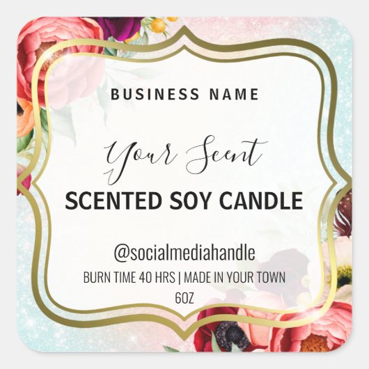 白金ゴールドとフローラの香り付き大豆キャンドルラベル スクエアシール (正面)