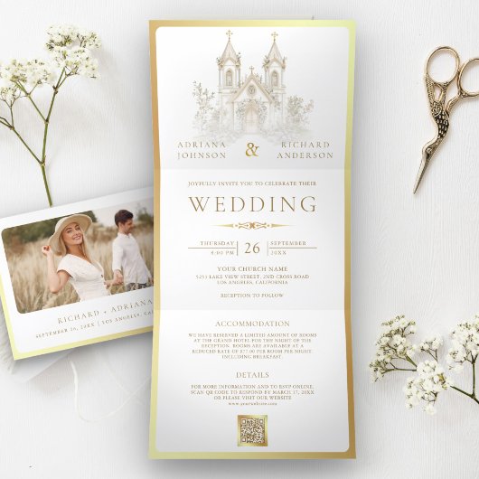 白金ゴールドカトリック結婚教会 三つ折り招待状