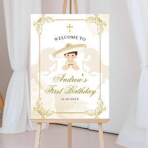白金ゴールドメキシカンボイ男の子1歳の誕生日ウェルカムサイン ポスター