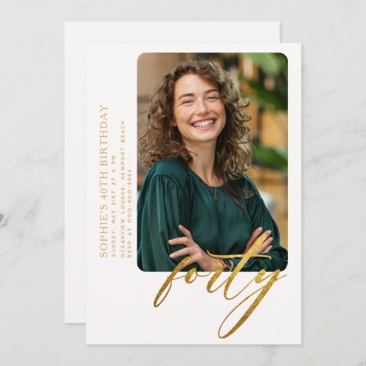 白金ゴールドモダン書道40歳の誕生日の写真 招待状 (正面/裏面)