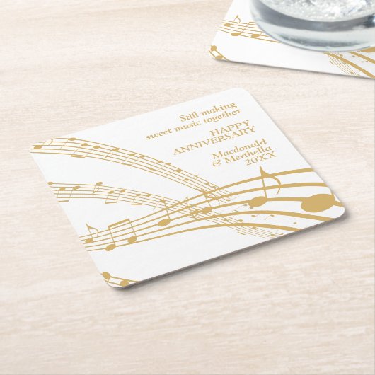 白金ゴールドモダン甘い音楽ハッピーアニバーサリー スクエアペーパーコースター (アングル)